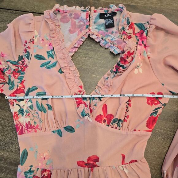 VICI Pink Floral Print Long Sleeve Ruffle & backless Maxi Dress Sz Medium - Picture 8 of 14